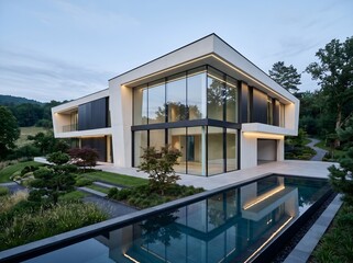 Fototapeta premium Modern House with Luxury Contemporary Architecture and a Sleek Swimming Pool at Dusk