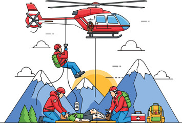 Mountain rescue team saving injured hiker with helicopter emergency service flat vector illustration scene © MdRissalat