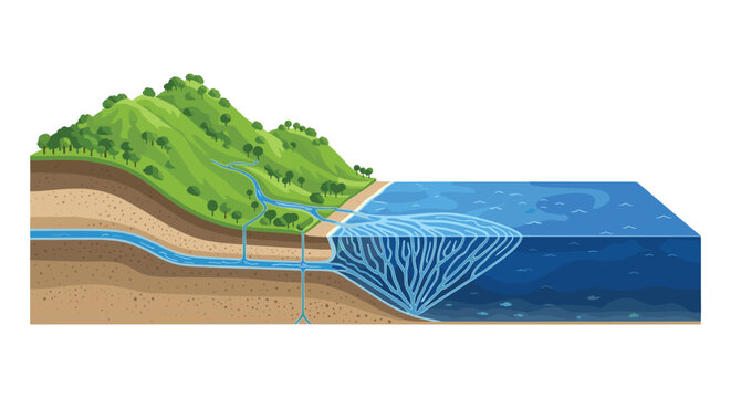 A meticulous cross-section illustration displays subterranean groundwater aquifers flowing from verdant coastal hills into the expansive deep blue sea waters.