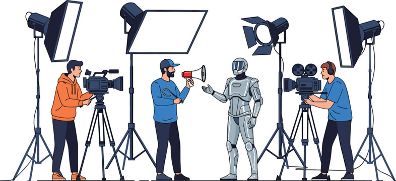 Film crew interviewing robot on studio set with cameras and lighting flat vector illustration concept scene