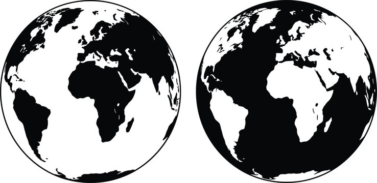 Vector illustration of two black and white globe designs side by side