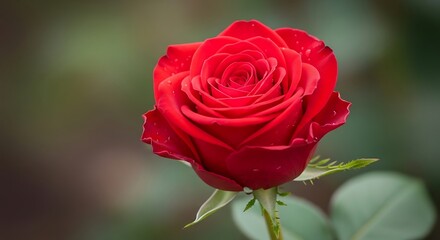 Fototapeta premium Vibrant red rose bloom in soft natural light with dew drops and green leaves
