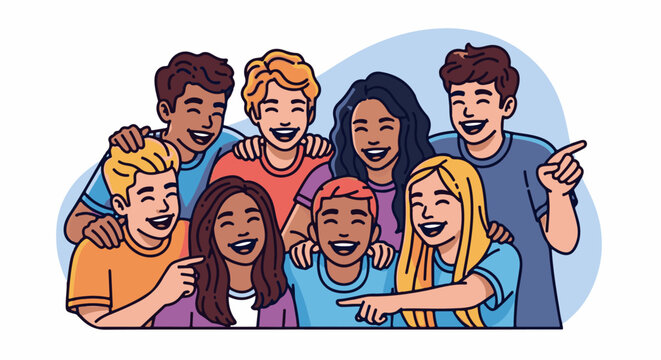 Diverse group of eight young people, smiling and laughing together in a cartoon style