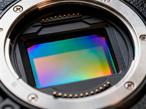 Digital camera sensor with iridescent light reflections, professional mirrorless camera internal hardware, full frame imaging sensor technology isolated on White Background