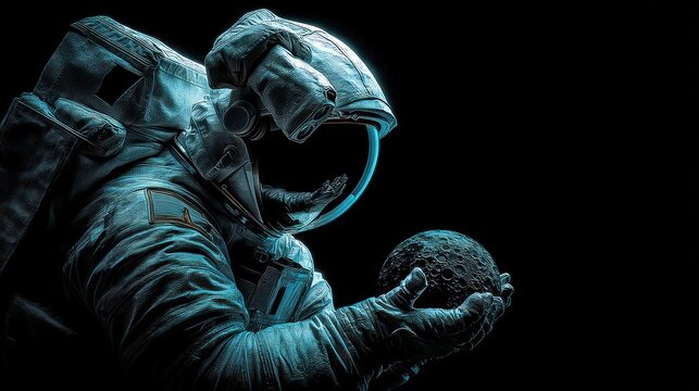 Astronaut holding sphere against dark background exploring outer space