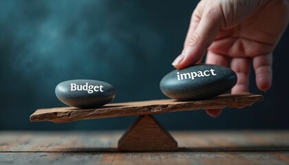 Wooden scale balances stones labeled budget and impact. Person adjusts stone, comparing financial costs versus results, weighing decisions on expense versus gain.