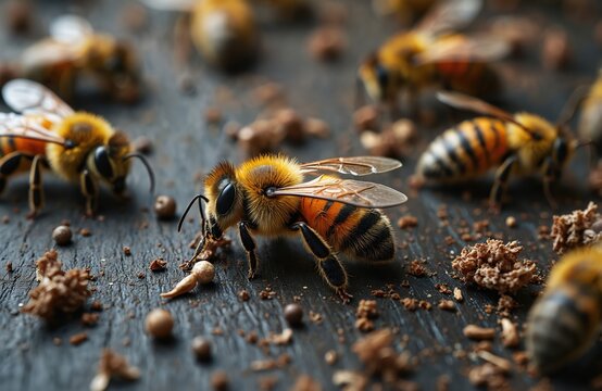 Dead bees and scattered wings lie on dark wood surface. Small insects debris and dust show environmental danger. Colony collapse disorder is serious threat.