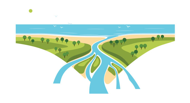 A serene flat vector illustration of a river delta splitting into several channels as it flows through green banks towards a sandy beach and blue ocean.