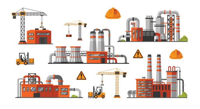 Vibrant flat vector illustration set of diverse industrial factory buildings featuring tall smoking chimneys and heavy machinery like cranes and yellow forklifts.