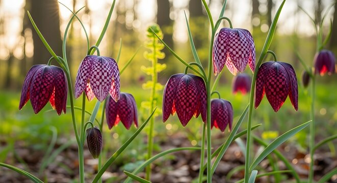 Easter fritillary flowers checkered petals woodland clearing spring flora 