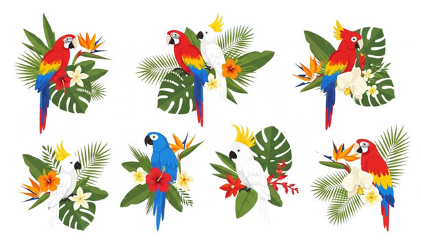 Tropical birds floral vector illustration invitation poster decoration set