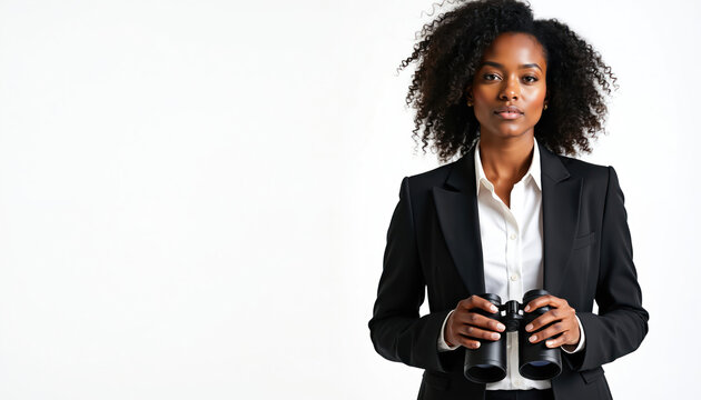 Black businesswoman holds binoculars in formal suit. She looks forward with serious expression, ready for future. Pro woman scans horizon planning strategy.