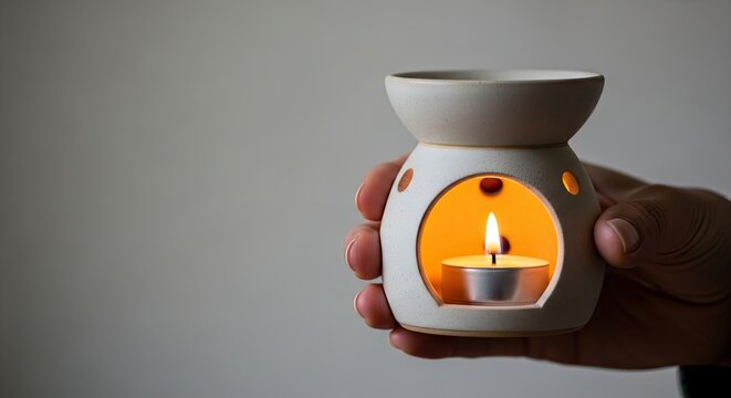 Modern aroma diffuser with glowing candle held in hand, creating warm atmosphere in indoor space. Aroma therapy setup includes soothing light and gentle fragrance for relaxation and mindfulness.