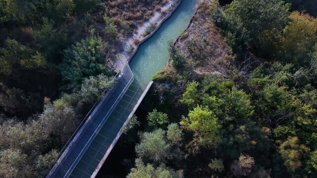 Tauste village, Ribera Alta del Ebro region, Zaragoza province, Aragon, Spain, Europe, 17 October 2025: Aerial view from a drone of the Las Trabas aqueduct in the Tauste Canal.