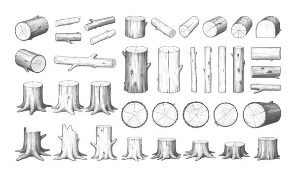Detailed wood and tree stump illustrations in grayscale