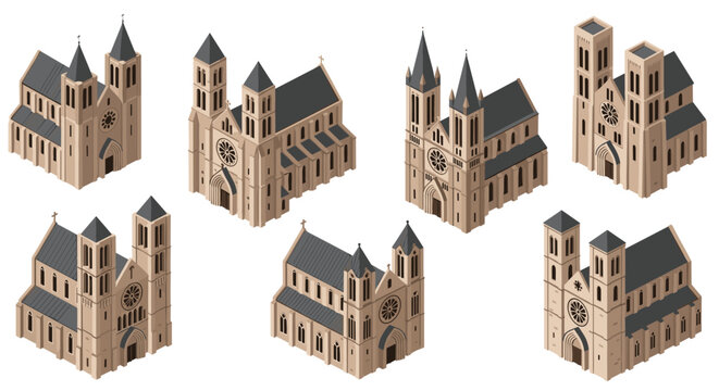 A group of six massive isometric cathedrals is characterized by prominent twin bell towers and intricate rose windows carved into light tan masonry.
