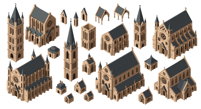 A comprehensive collection of various isometric gothic cathedral components including bell towers and naves is rendered in tan stone and charcoal gray.