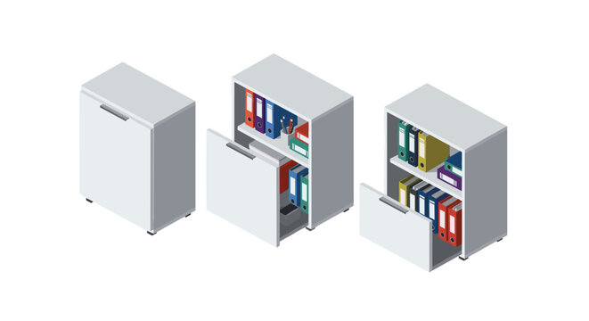 Vibrant multi-colored binders and folders are neatly organized within three white office storage cabinets shown in a clean isometric view on a white background.