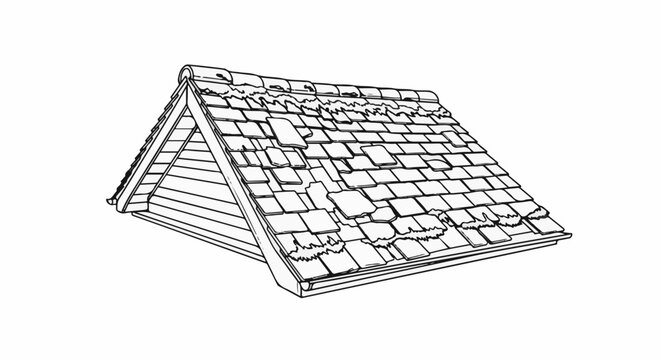 Damaged roof with missing and torn shingles, showing triangular gable end