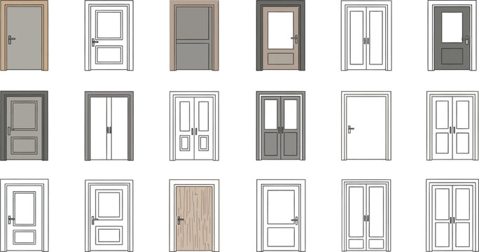 Collection of various interior door styles and designs in a grayscale schematic layout Vector