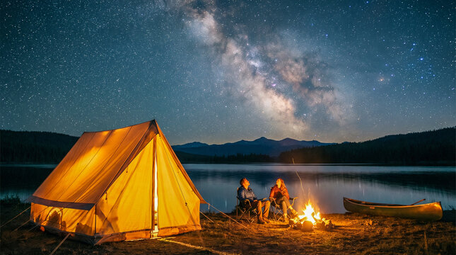 Amigos acampando junto a un lago bajo la V&iacute;a L&aacute;ctea. Fogata, tienda iluminada y furgoneta se reflejan en el agua quieta. Una escena de aventura y libertad en la naturaleza.