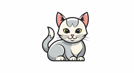 Obraz premium Cute cartoon cat with yellow eyes and pink ears sitting on a white background