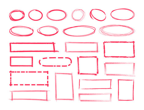 Hand-Drawn red circle and rectangle highlight Frame Set. Sketchy red highlight circles, ovals, rectangles, and frames. Ideal for annotations, callouts, scrapbook layouts, planners. Vector graphic set