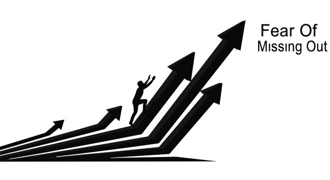 Businessman feeling Fear Of Missing Out FOMO standing on arrows going up, symbolizing growth, success, and anxiety in modern corporate lifestyle