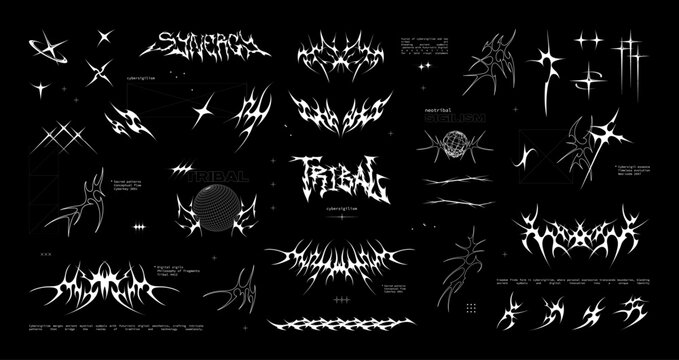 Cybersigilism and Neotribal Graphic Element Set. Gothic tattoo style, reimagined tribal patterns, lettering, abstract elements with pointed spikes. Cybersigilism for streetwear, typography. Vector