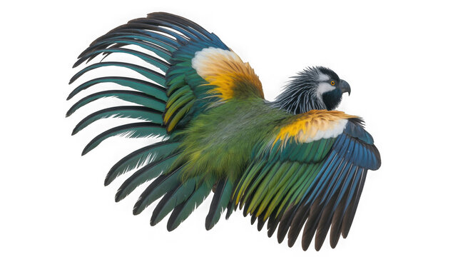 Blue and green parrot with spread wings isolated on transparent background