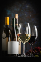 Fototapeta premium A dark, elegant still life of White and Red wine in a glass with wine bottles and fresh grapes in the background. Perfect for wine-themed compositions
