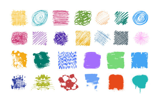 Colorful Hand-Drawn Scribble and Brush Texture Set. Playful abstract collection of colorful scribbles, sketch marks, brush strokes, spray shapes. Grunge and scribble brushstroke set. Vector graphic