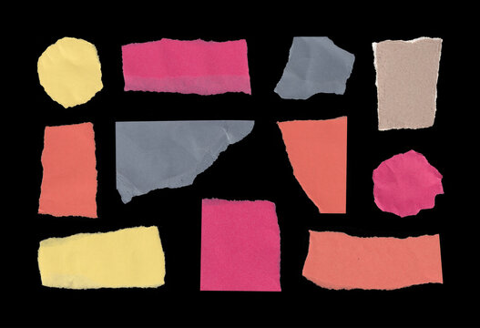 Pastel Torn Paper Scrap Set Isolated on Black Background. Colorful torn paper scraps in pastel shades, isolated on black. Includes handmade ripped shapes and textured pieces for collage. Photo set