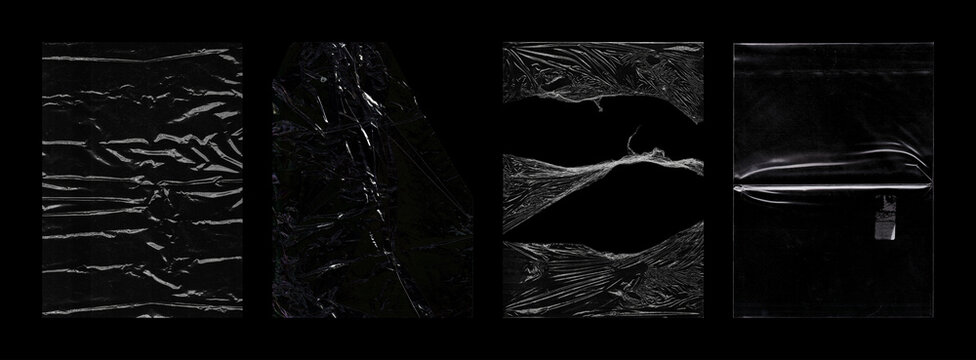 Transparent Plastic Wrap Texture Set on Black. Rectangular polyethylene packaging with glossy transparent plastic film, stretched wrap, and adhesive tape textures on a black background. Photo