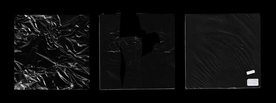 Transparent Plastic Wrap Texture Set with Torn and Crumpled Film. Plastic film textures featuring crumpled wrap, torn sheet. Polyethylene packaging mockups for album cover, cd, vinyl. Photo set