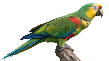 Obraz premium Green and red macaw parrot perched on a branch, isolated on black background