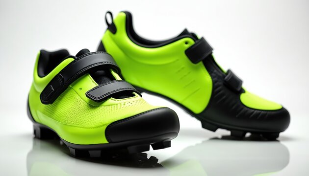 Bright yellow, black cycling shoes with velcro straps sit on clean white surface. Athletic shoes designed for performance cycling, feature durable construction for various terrains, weather