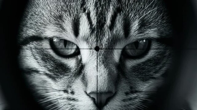 Zooming close-up of a cat soldier's face through a sniper scope. Feline in military uniform aiming a rifle in a World War II metaphor concept. Black and white dramatic footage