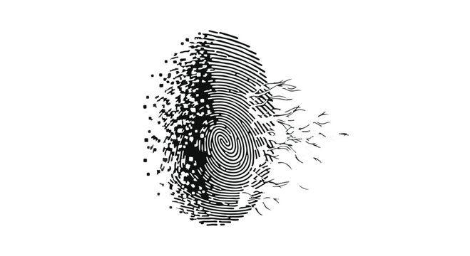 Digital fingerprint dissolving into particles, disappearing identity concept, futuristic technology, abstract background, security and privacy issues