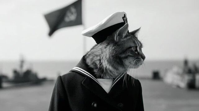Feline naval officer in a peaked cap and sailor uniform. Close up of a cat as a navy commander in a historical war metaphor. Maritime military portrait