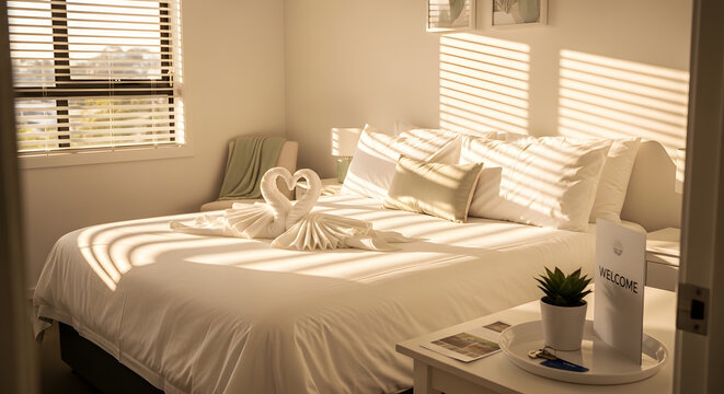 Luxury Hotel Bedroom Suite with Towel Swans Heart | Romantic Honeymoon Suite Guest Room Interior | Bright Sunlit Bedroom with Window Blind Shadows | Travel Hospitality Welcome Service Concept