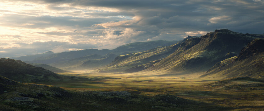 Dramatic mountain valley at sunset with golden grass and soft clouds; cinematic landscape style, concept of wilderness and serenity, ideal for travel, nature, environment, and adventure media
