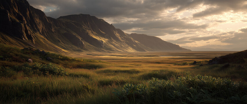 Dramatic mountain valley at sunset with golden grass and soft clouds; cinematic landscape style, concept of wilderness and serenity, ideal for travel, nature, environment, and adventure media