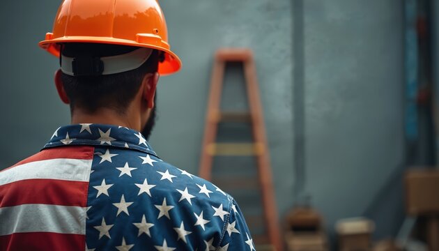 Construction worker wears orange hard hat and American flag shirt on site. He looks ahead, ready for job. Tools and ladder visible in background.