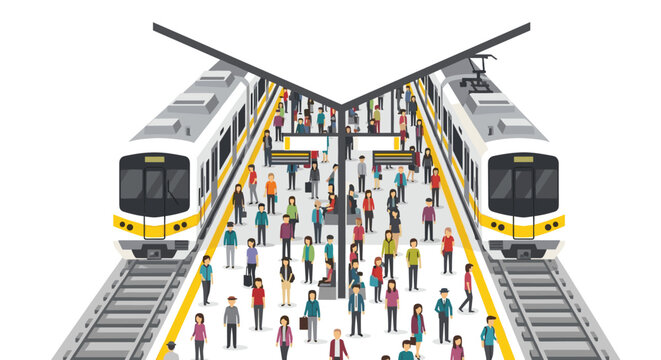 A bustling crowd of diverse commuters waits on a central platform between two modern white and yellow trains under a geometric canopy in a flat illustration.