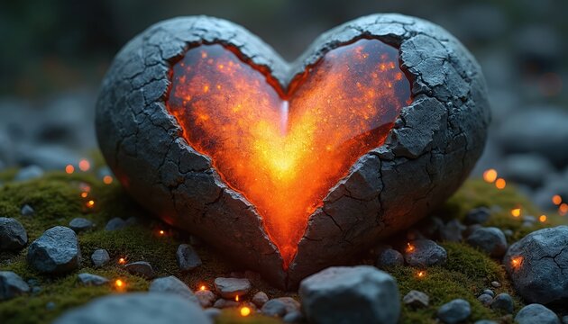 Stone heart cracks open revealing glowing lava. Fiery core emits warm light with small sparks on mossy ground. Mystical, surreal abstract concept art.