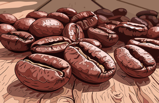 Detailed vector illustration of roasted coffee beans showing organic shapes and rich brown textures arranged in a scattered pile creating a high quality visual asset for food and beverage industry bra
