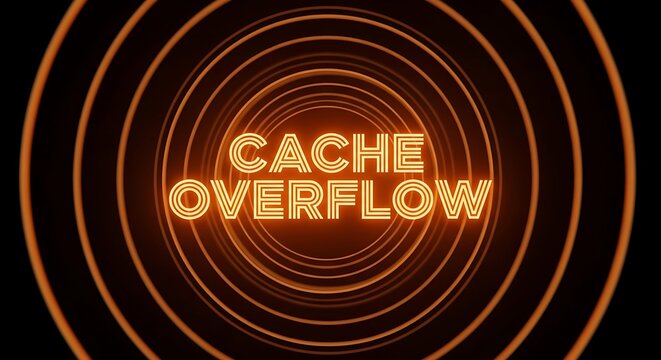 Cache overflow message with orange glowing neon text in a digital tunnel overflow computer technology processing.