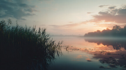 Obraz premium Misty lakeside at dawn