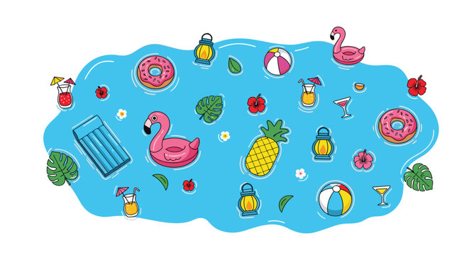 Various hand-drawn summer vacation icons including pink flamingo floats, frosted donuts, tropical cocktails, and beach balls float on a vibrant blue water background today.